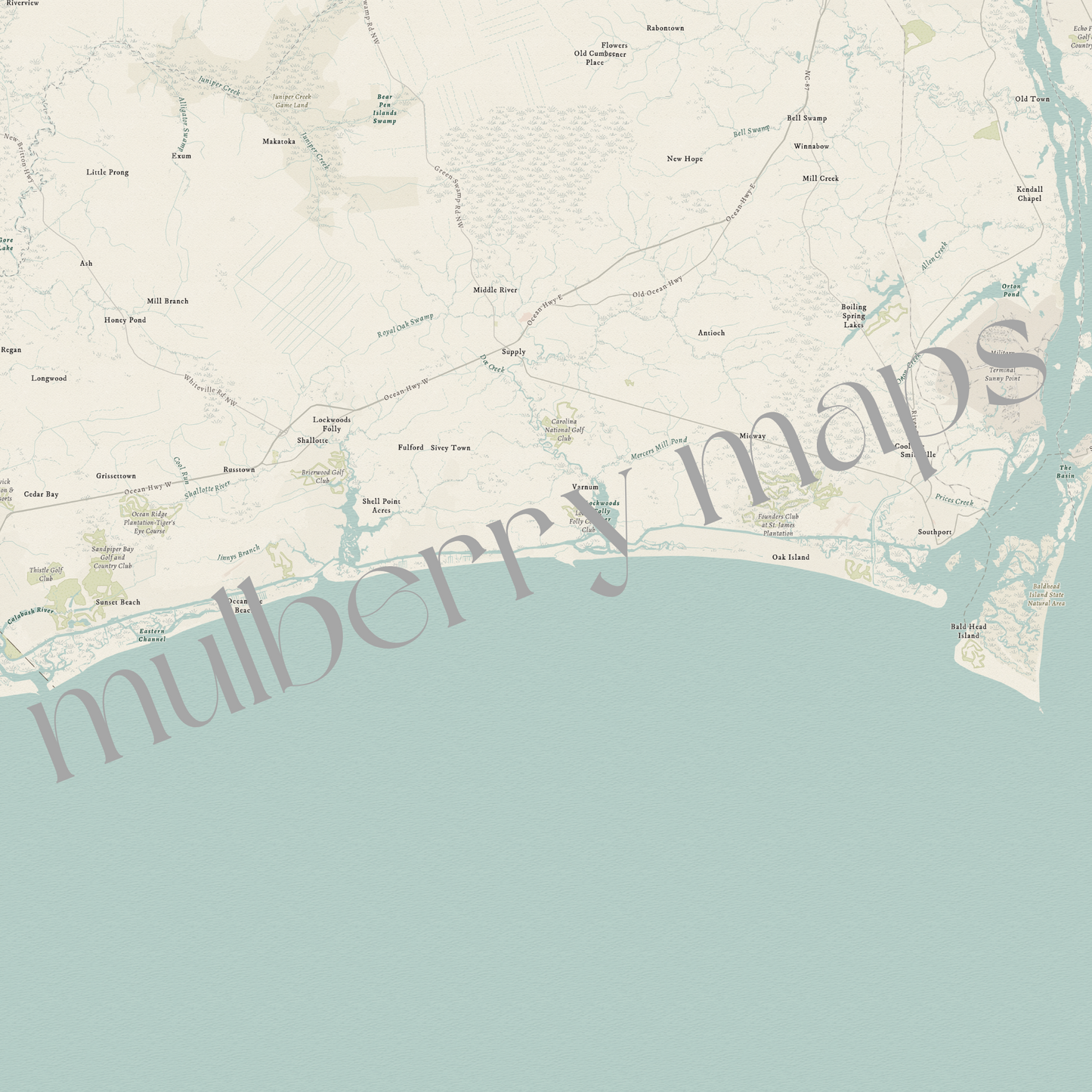 Brunswick County North Carolina Vintage Inspired Map